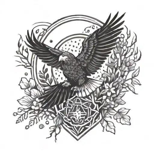 A Dotwork Tattoo Of A Police Badge Surrounded By Elements Of Nature Like Trees And Animals