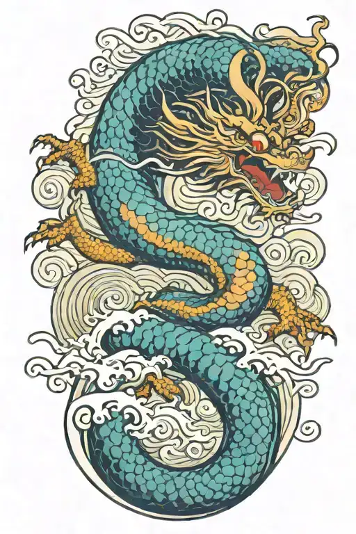 A Japanese Dragon Flying With Wave Pattern Background Symbolizing