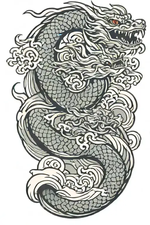 A Japanese Dragon Flying With Wave Pattern Background Symbolizing
