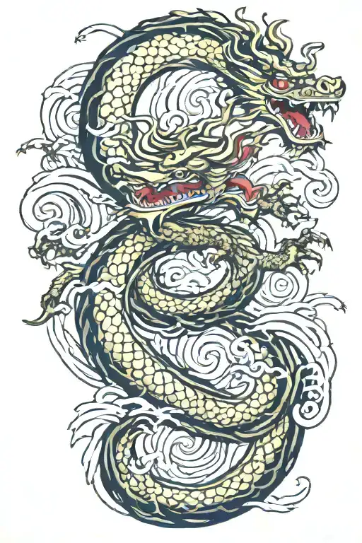 A Japanese Dragon Flying With Wave Pattern Background Symbolizing