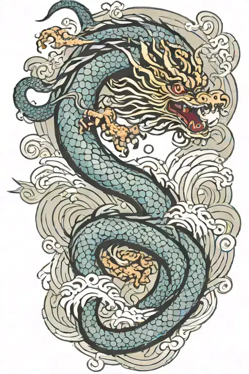 A Japanese Dragon Flying With Wave Pattern Background Symbolizing