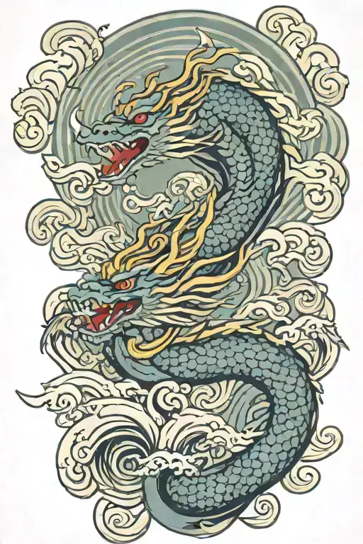 A Japanese Dragon Flying With Wave Pattern Background Symbolizing