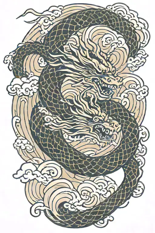 A Japanese Dragon Flying With Wave Pattern Background Symbolizing