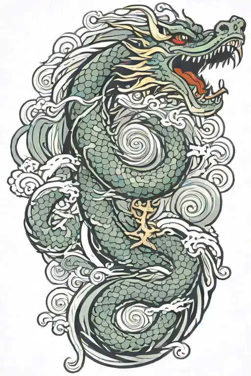 A Japanese Dragon Flying With Wave Pattern Background Symbolizing