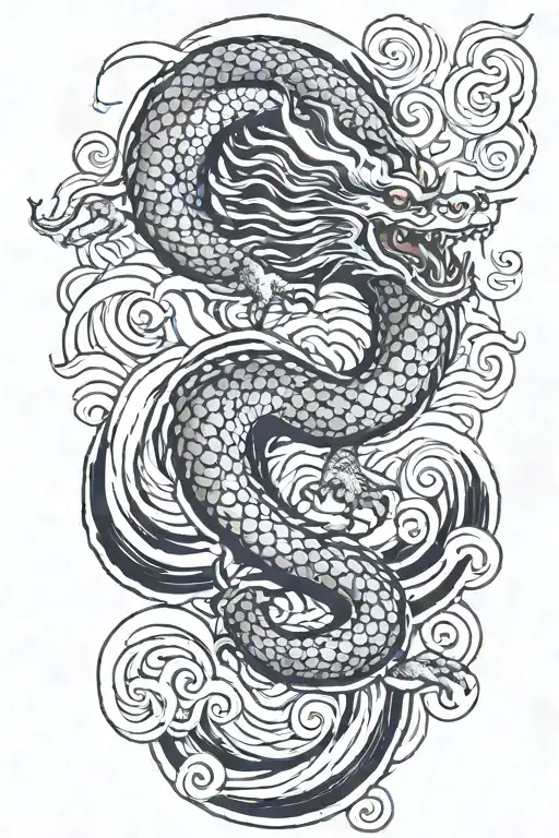 A Japanese Dragon Flying With Wave Pattern Background Symbolizing