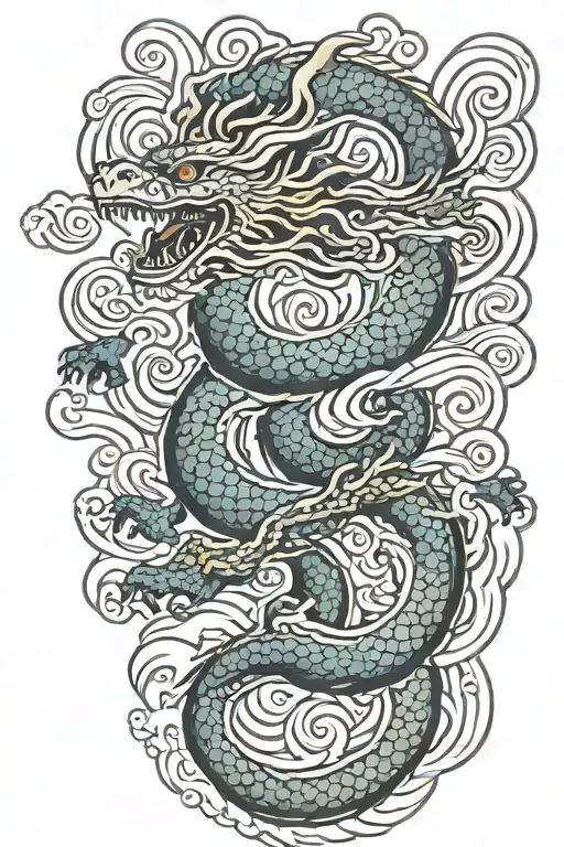 A Japanese Dragon Flying With Wave Pattern Background Symbolizing