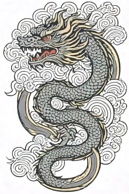 A Japanese Dragon Flying With Wave Pattern Background Symbolizing