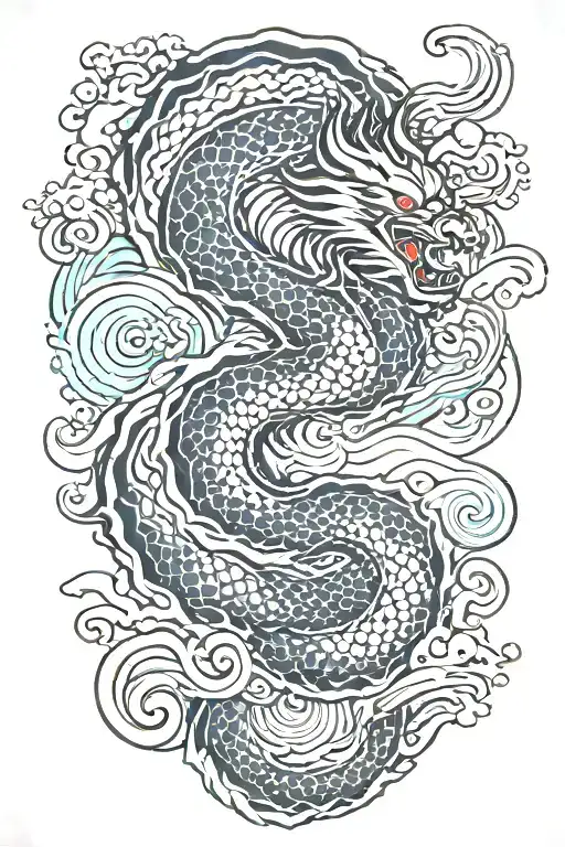 A Japanese Dragon Flying With Wave Pattern Background Symbolizing