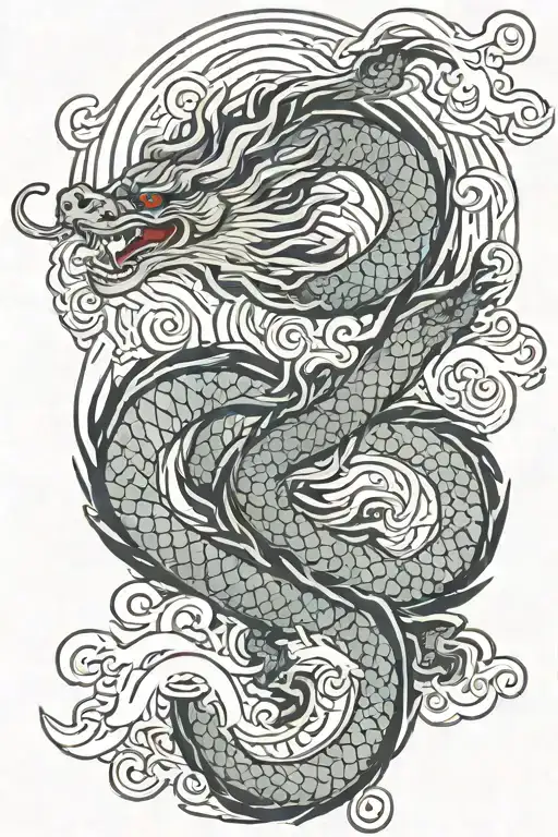 A Japanese Dragon Flying With Wave Pattern Background Symbolizing