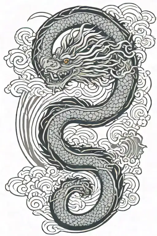 A Japanese Dragon Flying With Wave Pattern Background Symbolizing