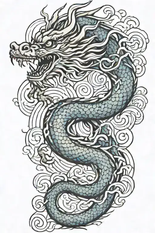 A Japanese Dragon Flying With Wave Pattern Background Symbolizing