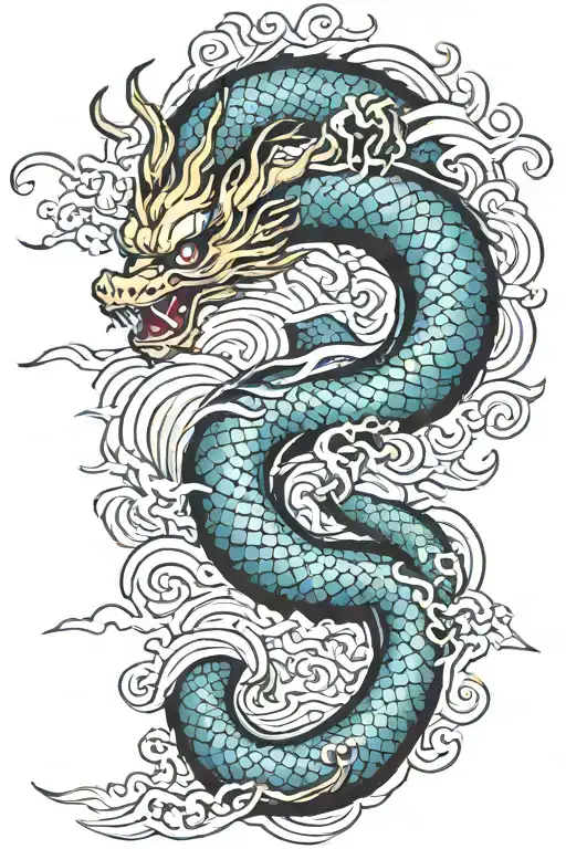 A Japanese Dragon Flying With Wave Pattern Background Symbolizing
