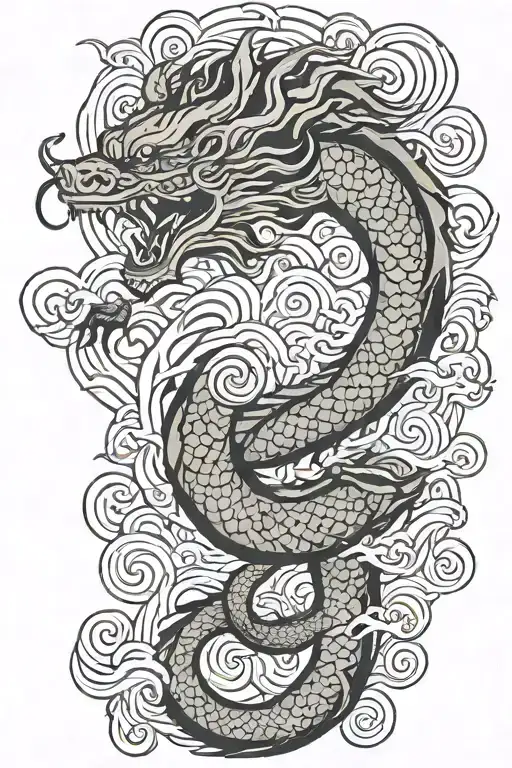 A Japanese Dragon Flying With Wave Pattern Background Symbolizing