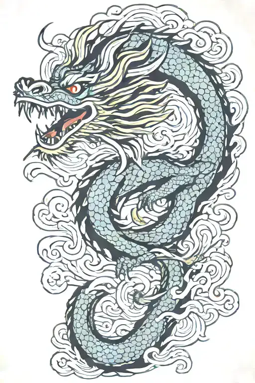 A Japanese Dragon Flying With Wave Pattern Background Symbolizing