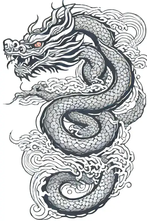 A Japanese Dragon Flying With Wave Pattern Background Symbolizing