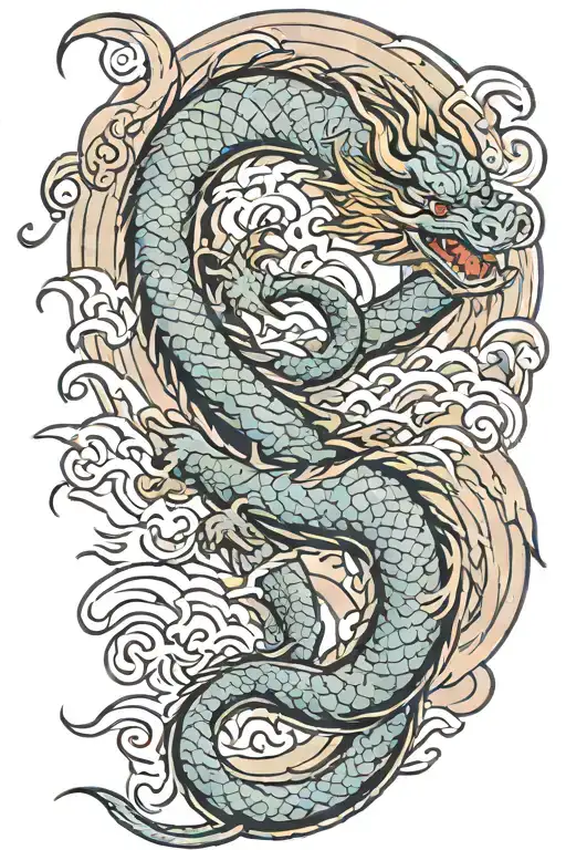 A Japanese Dragon Flying With Wave Pattern Background Symbolizing