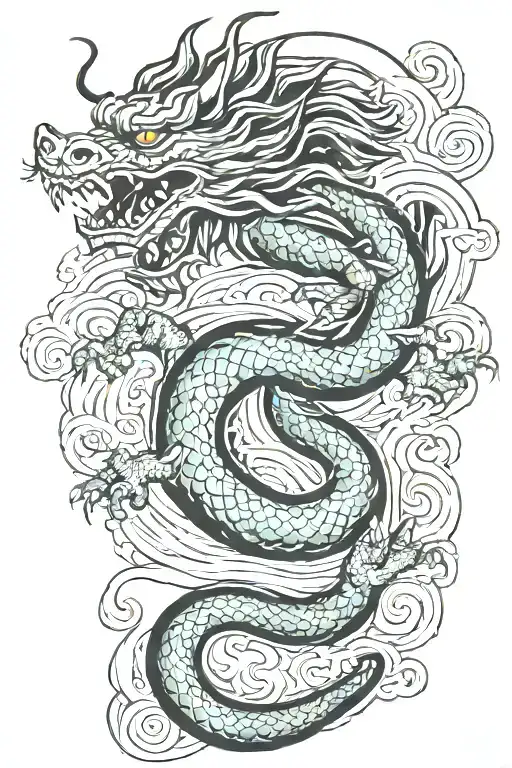A Japanese Dragon Flying With Wave Pattern Background Symbolizing
