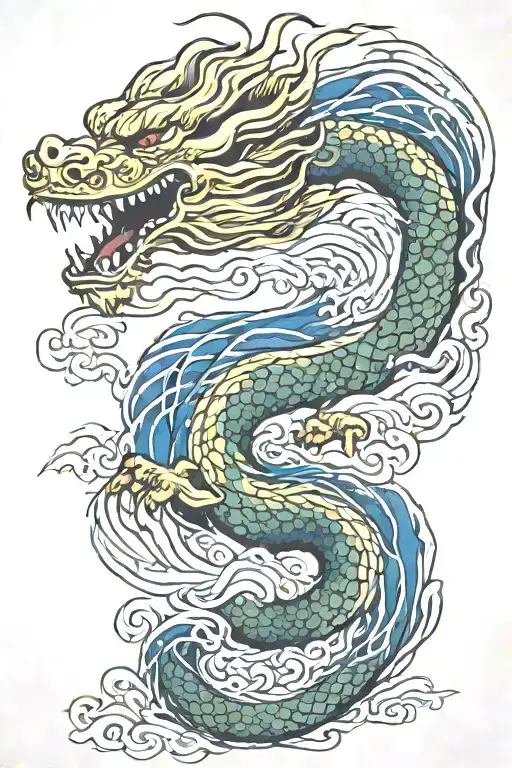 A Japanese Dragon Flying With Wave Pattern Background Symbolizing