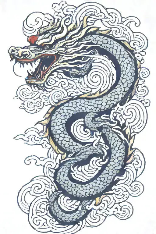 A Japanese Dragon Flying With Wave Pattern Background Symbolizing