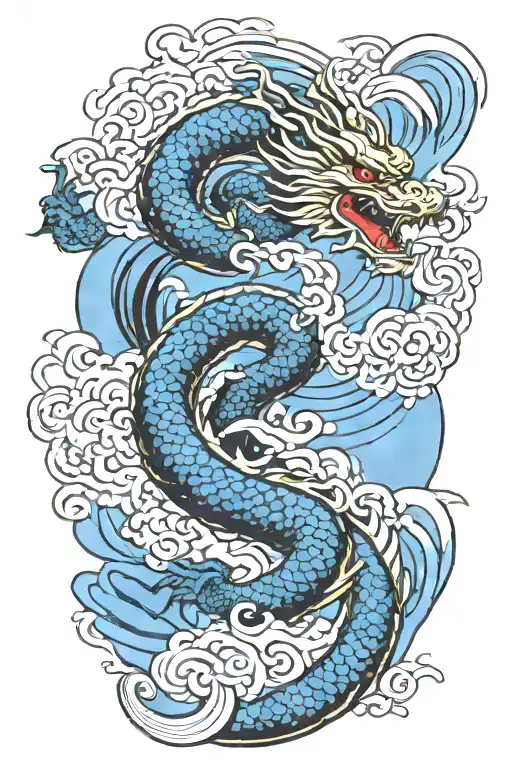 A Japanese Dragon Flying With Wave Pattern Background Symbolizing