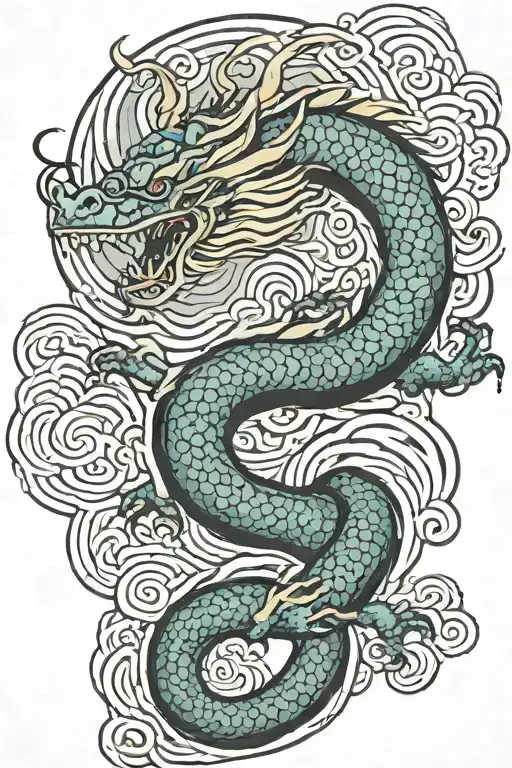 A Japanese Dragon Flying With Wave Pattern Background Symbolizing