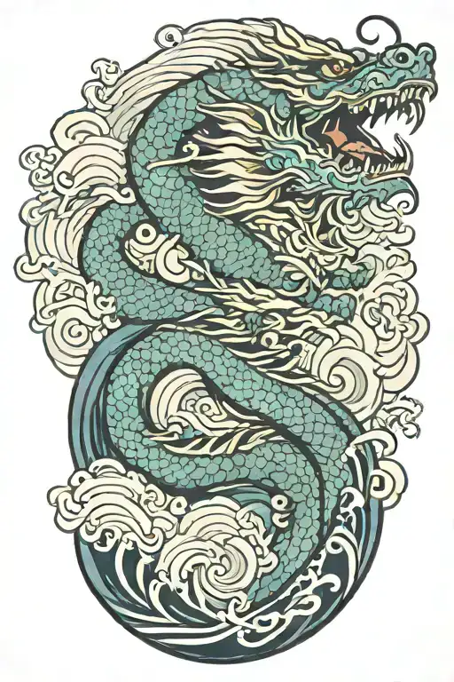 A Japanese Dragon Flying With Wave Pattern Background Symbolizing