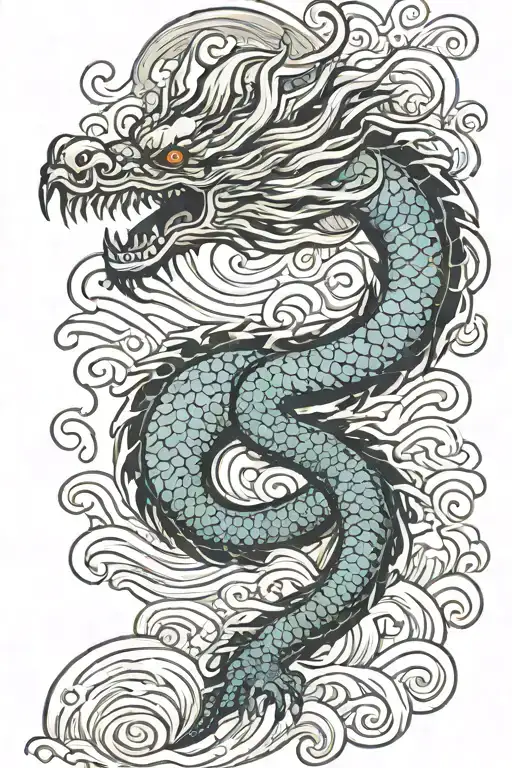 A Japanese Dragon Flying With Wave Pattern Background Symbolizing