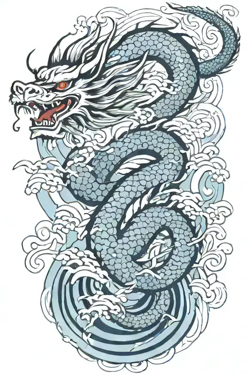 A Japanese Dragon Flying With Wave Pattern Background Symbolizing