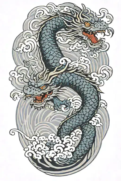 A Japanese Dragon Flying With Wave Pattern Background Symbolizing