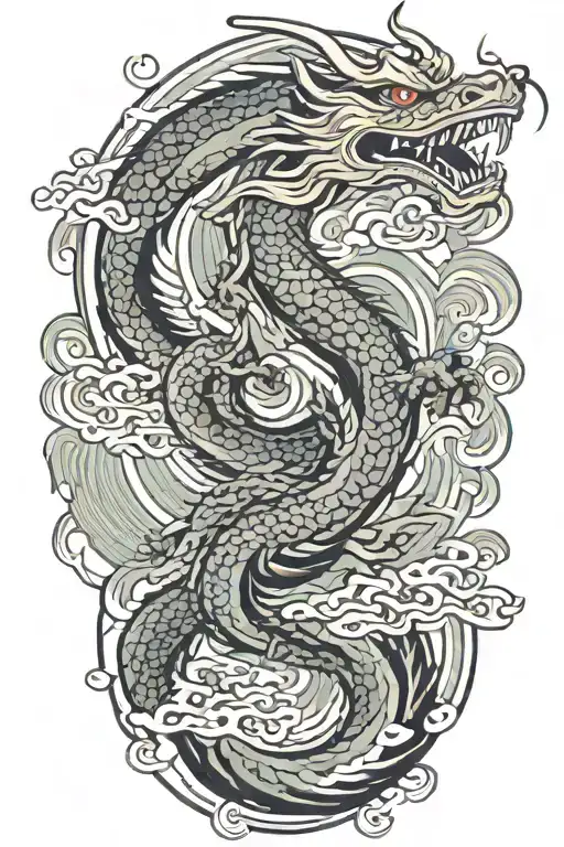 A Japanese Dragon Flying With Wave Pattern Background Symbolizing