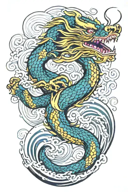 A Japanese Dragon Flying With Wave Pattern Background Symbolizing