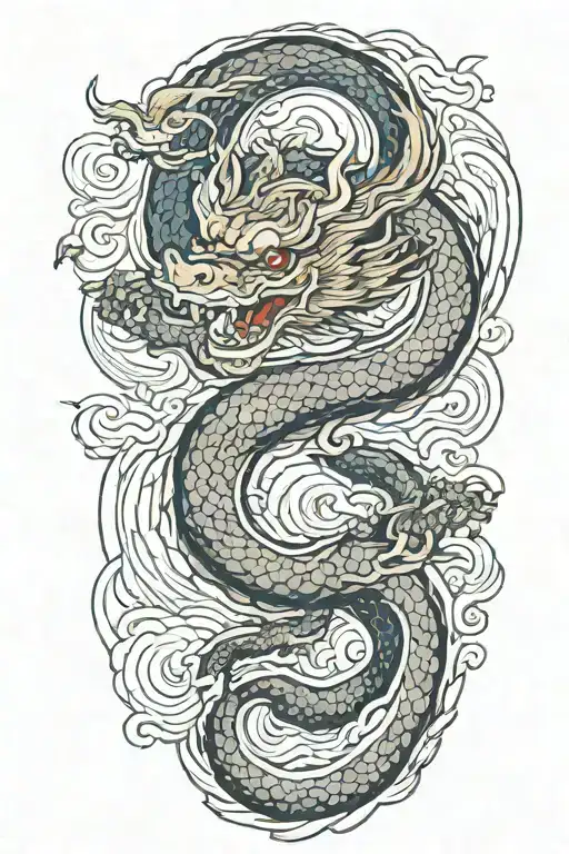 A Japanese Dragon Flying With Wave Pattern Background Symbolizing