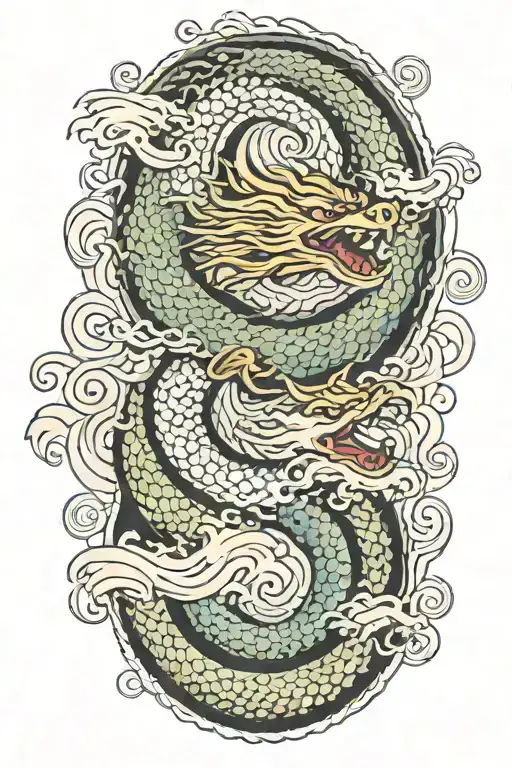 A Japanese Dragon Flying With Wave Pattern Background Symbolizing