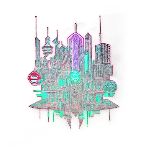 A Futuristic Tattoo Design Depicting A Cyberpunk Cityscape And Neon Lights