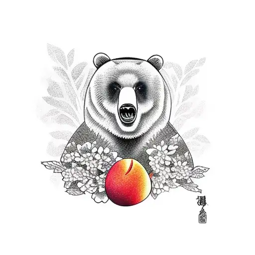 Bear Holding A Peach Branch With Flowers