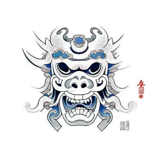 A Traditional Japanese Oni Mask Surrounded By Beautiful Cherry Blossoms