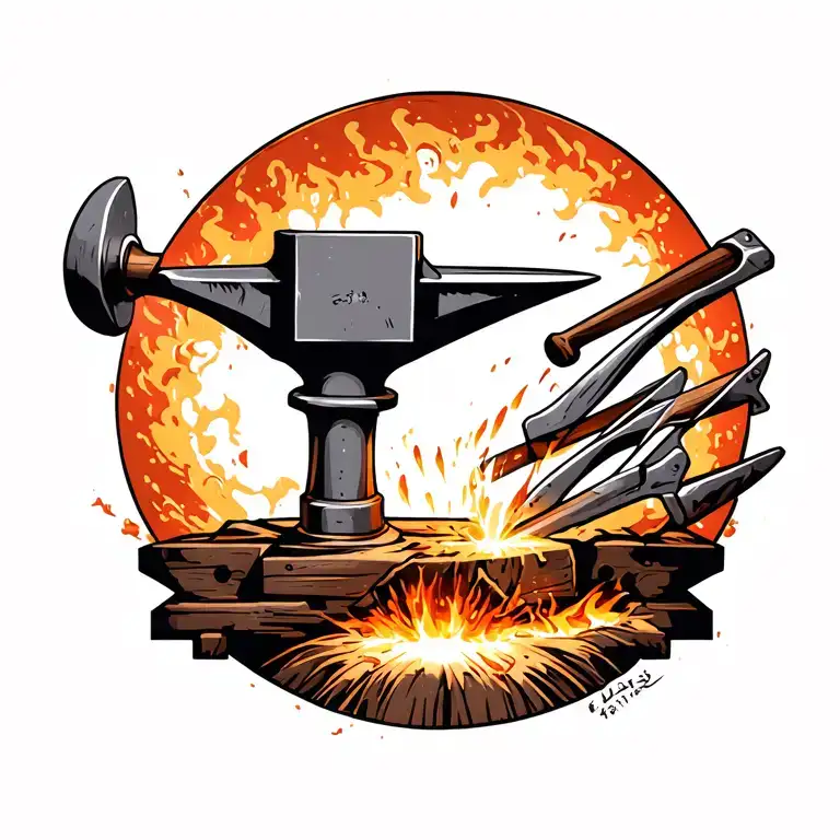 Tattoo Of An Anvil With Behind It A Forging Hammer And Tongs
