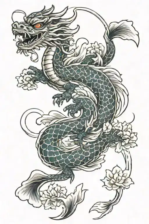 Japanes Dragon With Koi Fish