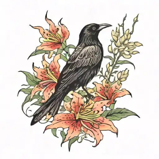 Red Spider Lily With A Crow Perched