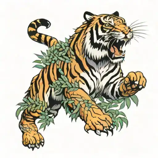 Tiger With His Full Body Is Waving His Paw And Around Are Leaves