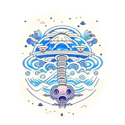 An Alien Spaceship Landing On A Beach With Mysterious Blue-eyed Creatures