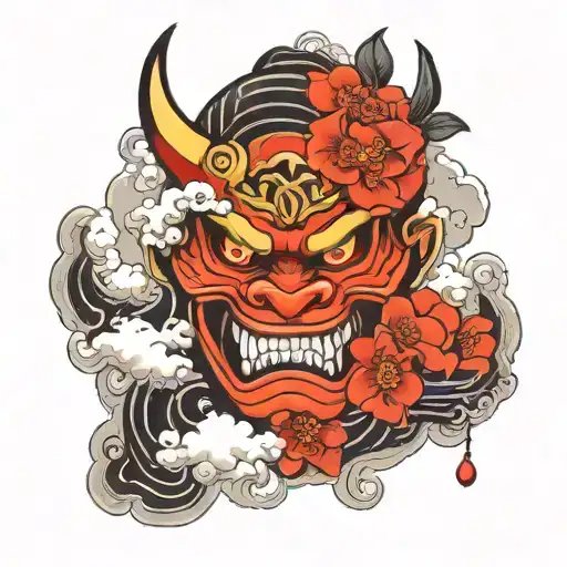 Oni Mask Surrounded Of Clouds Floating With Red Little Flowers