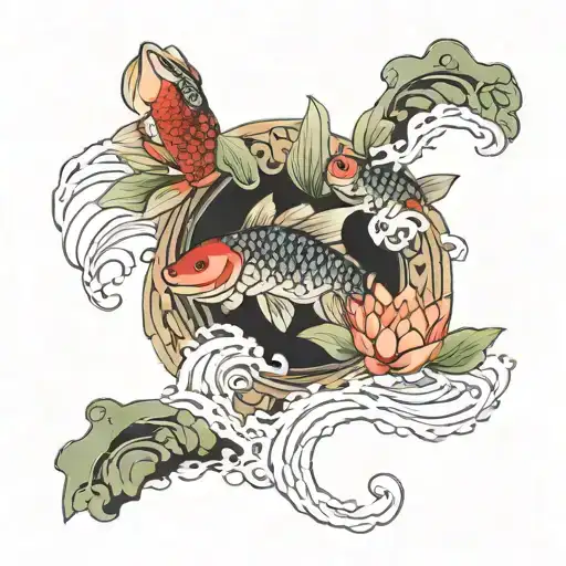 Three Fish Spininng Around Water Lily