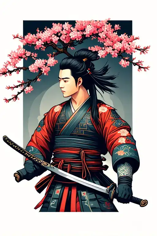 Samurai With Ponytail And Sword In Hand Under A Sakura Tree