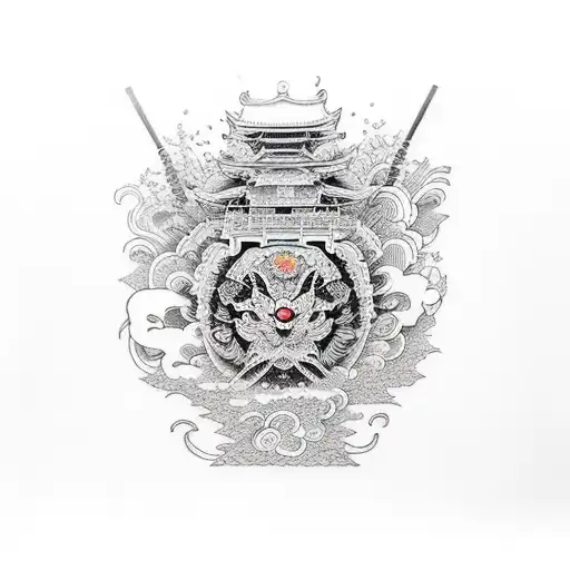 An Intricate Dotwork Design Featuring Outdoor Scenes And Engineering Tools