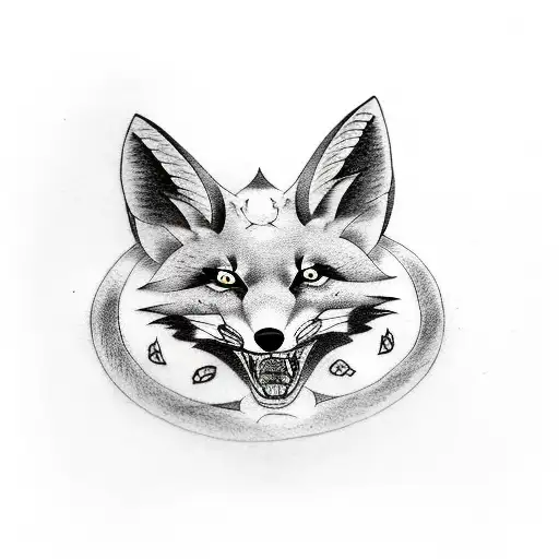 Tattoo Sketch - A Black And White Kitsune Fox In A Circle