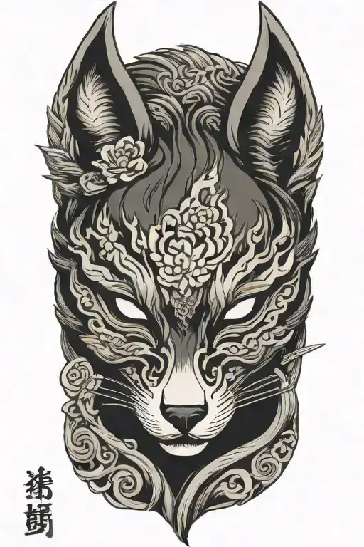 Kitsune Mask With Lady Head Profile Holding Sword