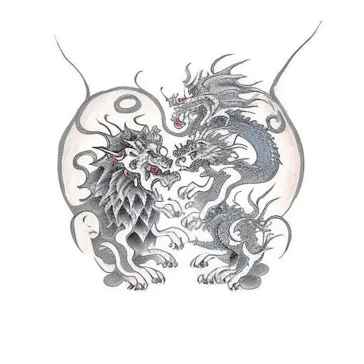 Dragon And Lion Fighting For The Moo