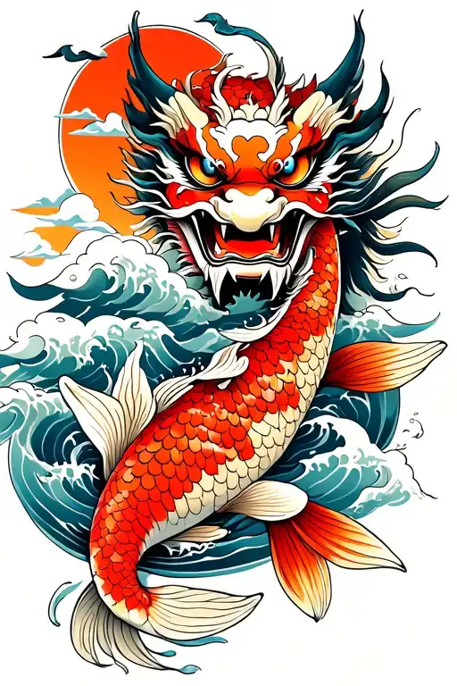 Koi Fish Swimming Up Stream Towards A Hannya Mask With A Ryu Dragon Above With Waves And Clouds