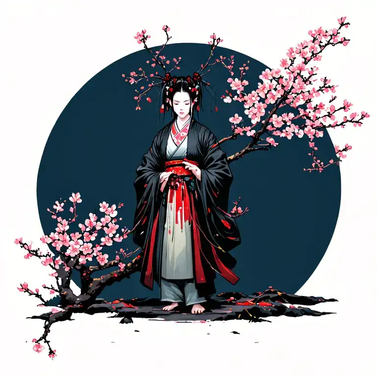 Decaying Samarai Standing By Cherry Blossom